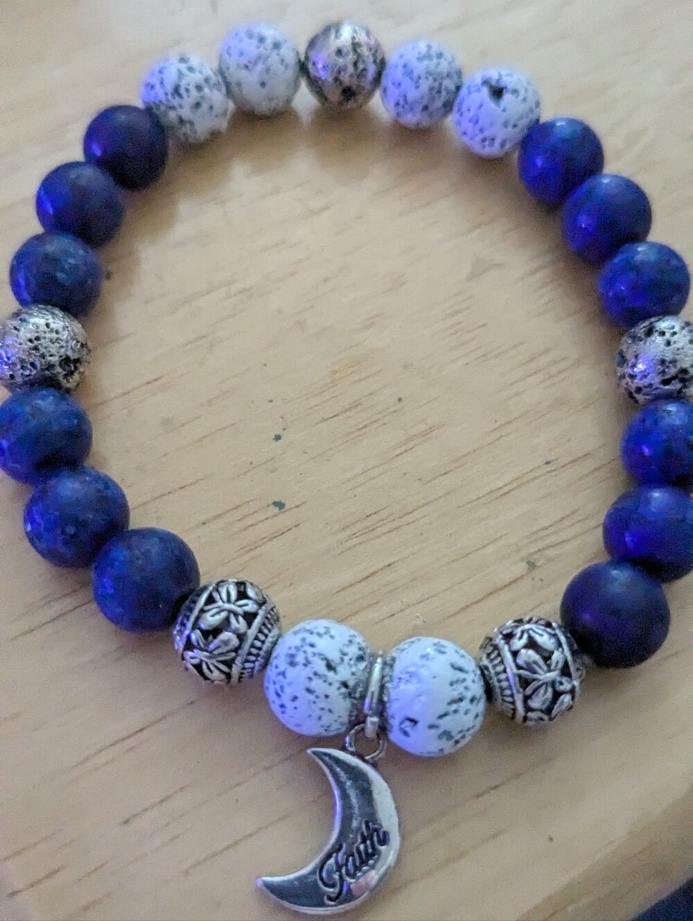 Faith Moon Lapis Blue and White Moon Charm Beaded Bracelet Faith Charm NWOT